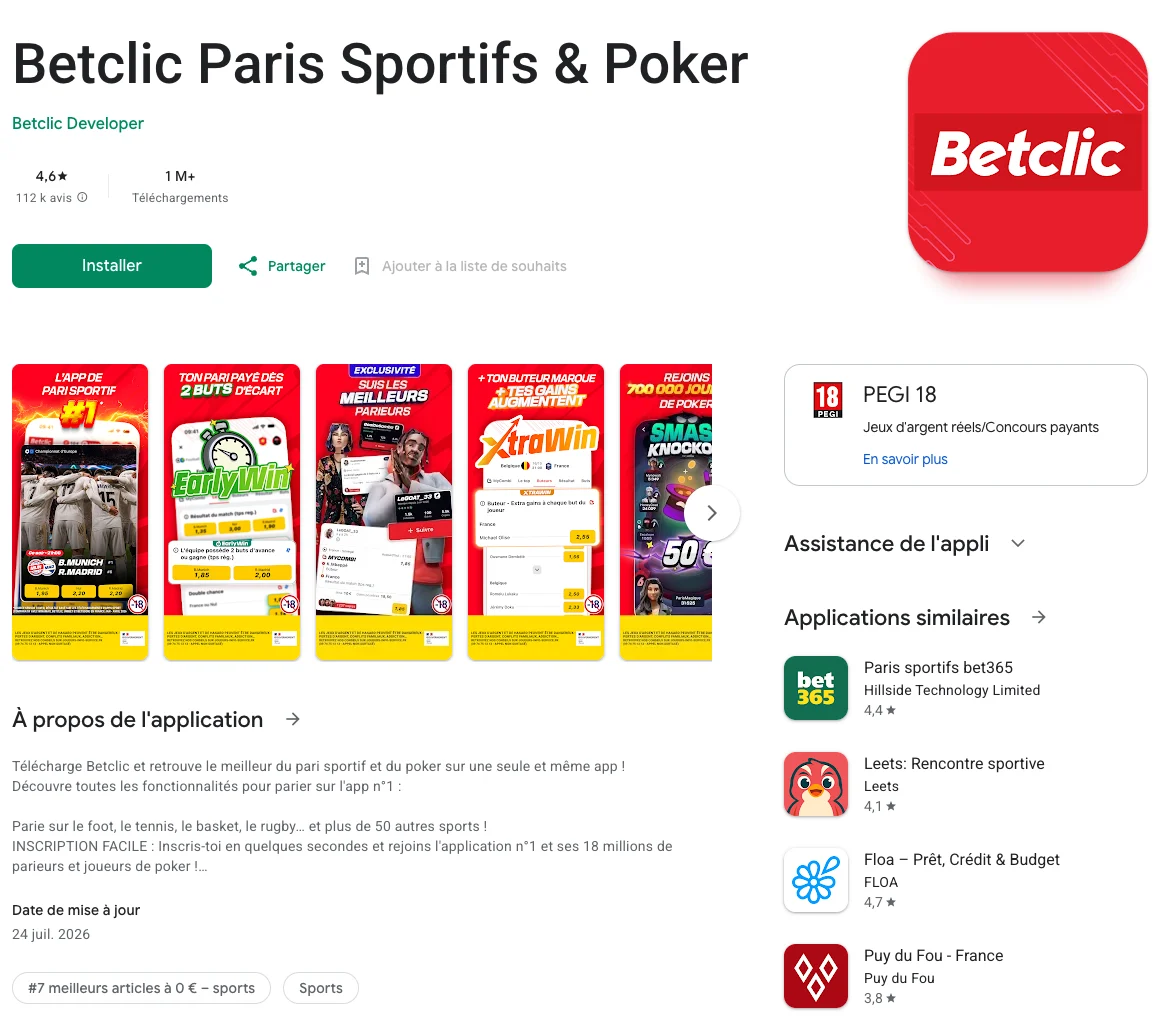 Capture d'écran de la fiche officielle de l'application Betclic en français