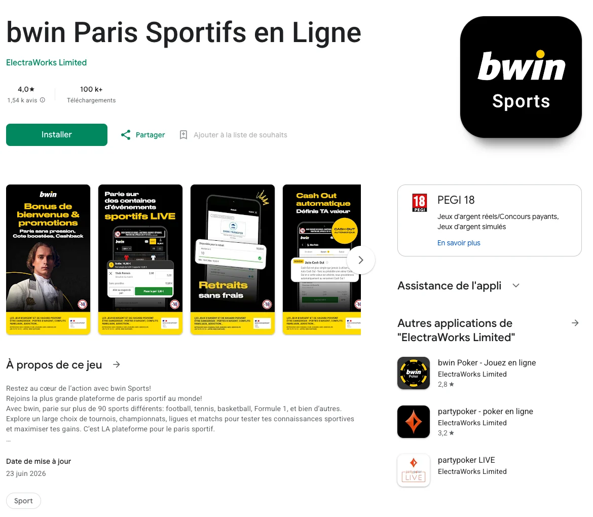 Capture d'écran de la fiche officielle de l'application bwin en français