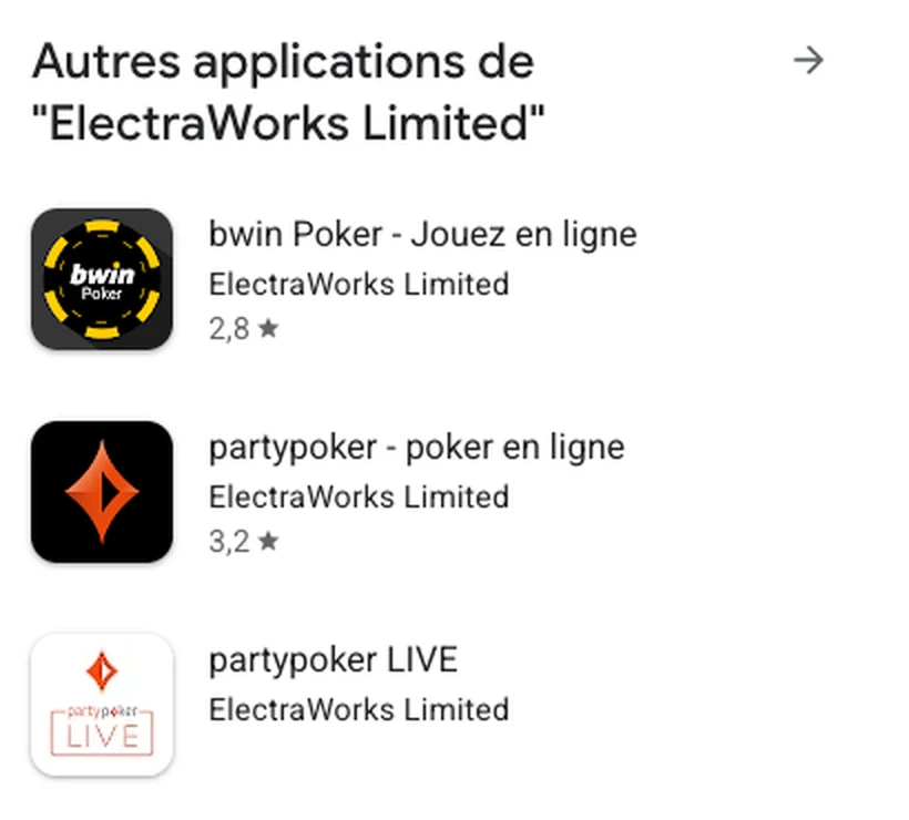 Encadré des autres applications d'ElectraWorks Limited, éditeur de bwin