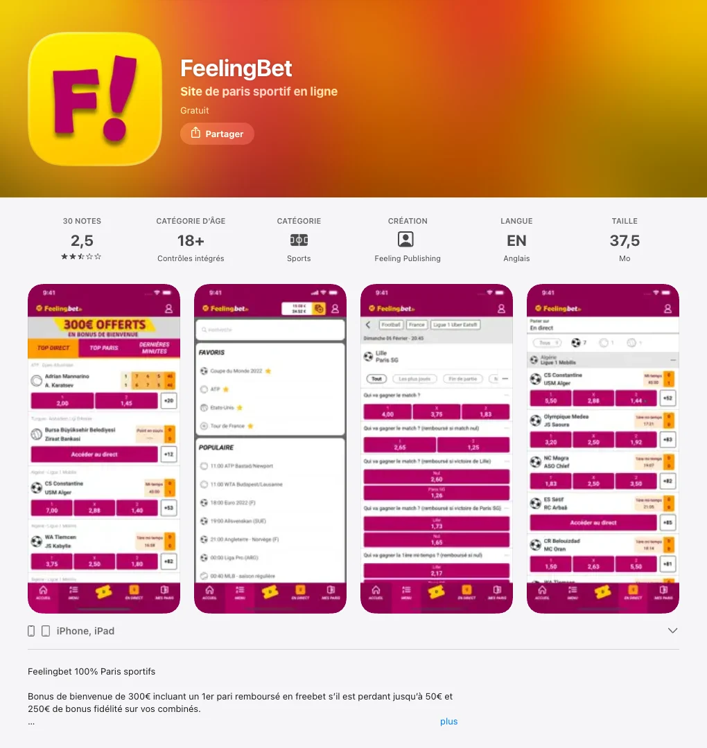 Fiche de l'application Feelingbet