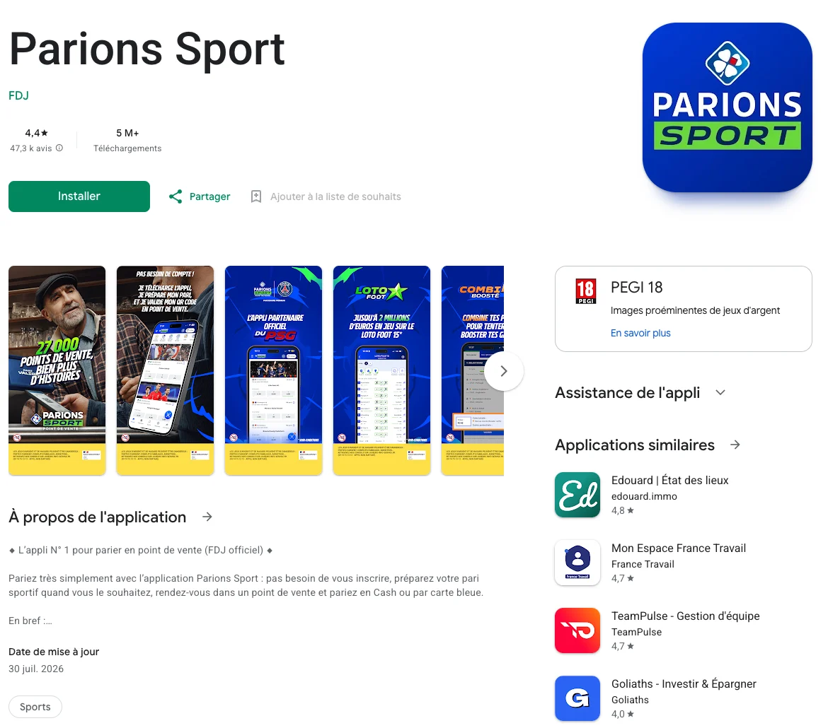 Capture d'écran de la fiche officielle de l'application Parions Sport en français
