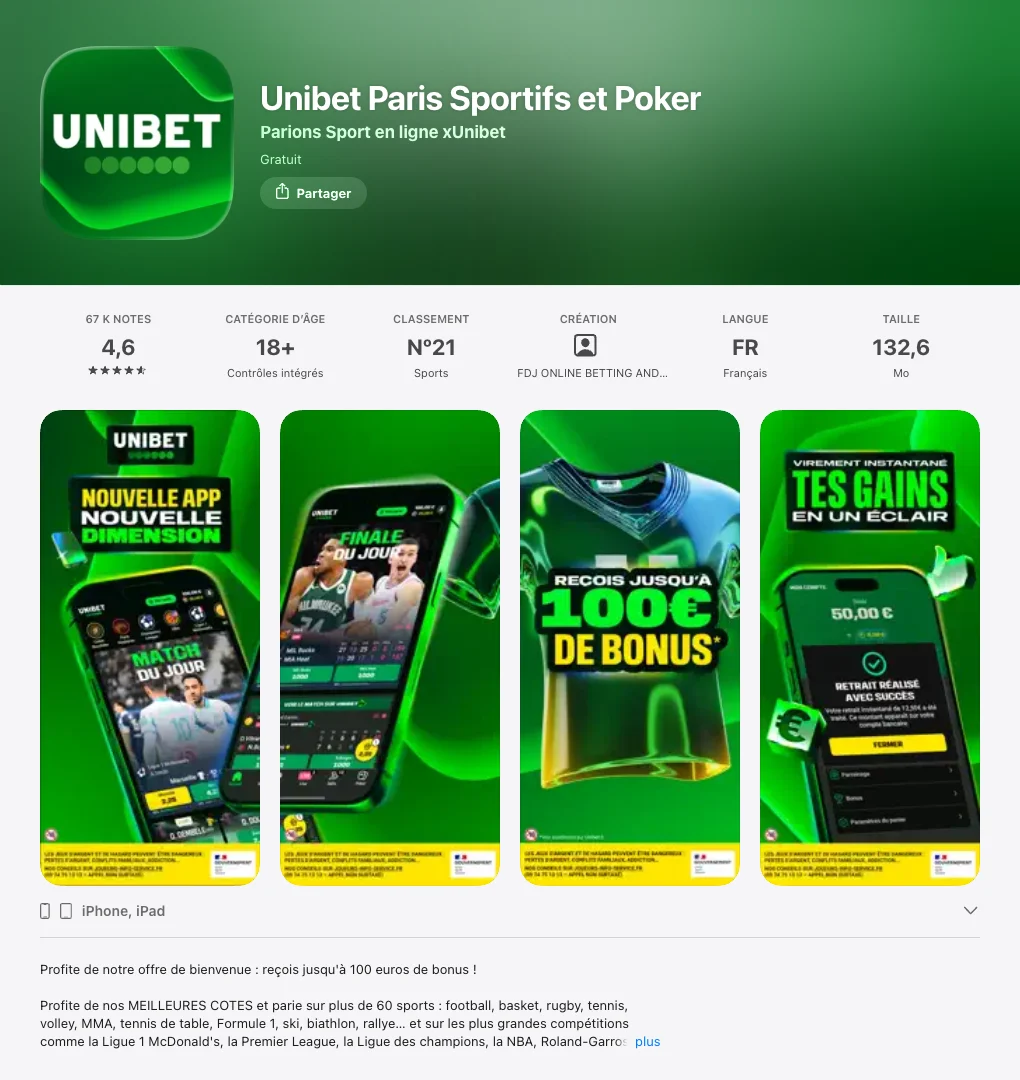 Capture d'écran de la fiche officielle de l'application Unibet en français