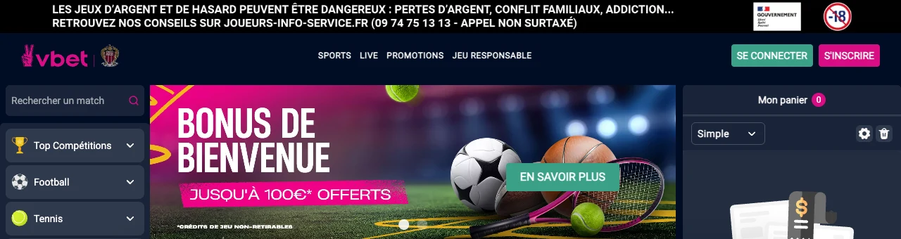 Capture d'écran du site français de Vbet