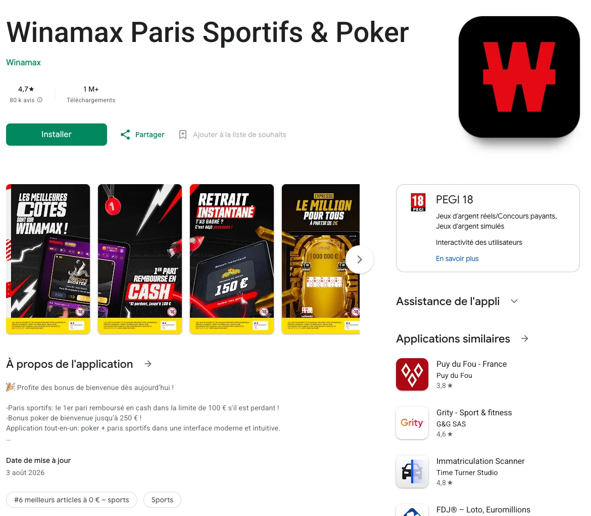 Capture d'écran de la fiche officielle de l'application Winamax en français