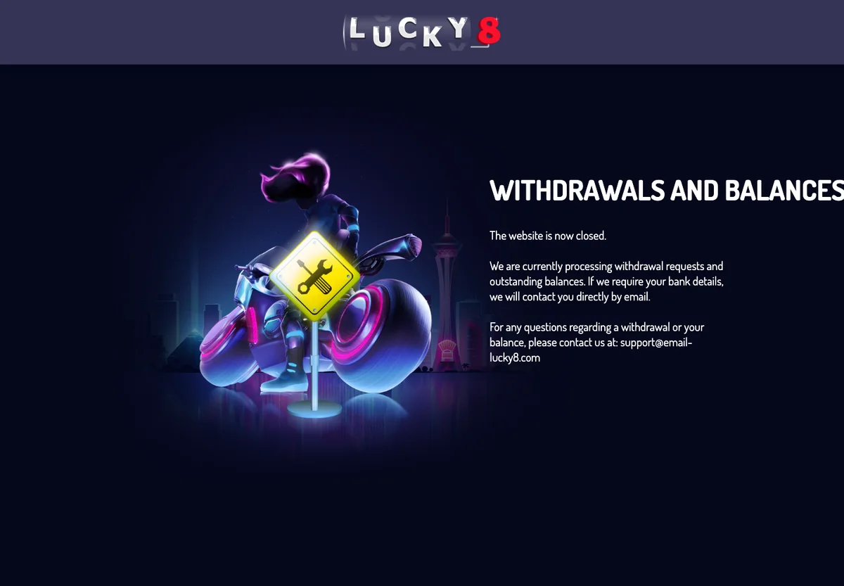 La page de Lucky8 annon&ccedil;ant la fermeture et le traitement des retraits
