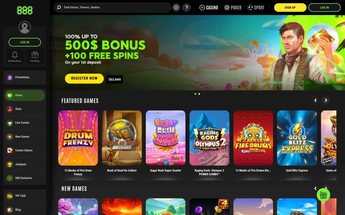 Page d'accueil du casino en ligne 888casino, marque d'evoke plc